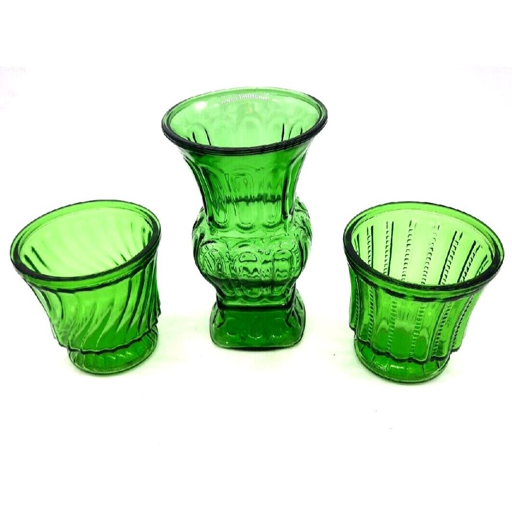 Vintage Set Of 3 MCM Emerald Green Depression Glass Vases A L Randall